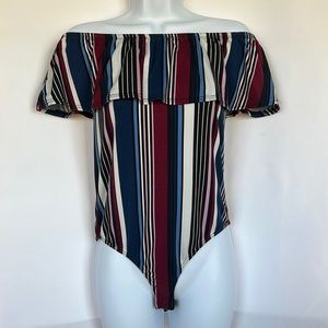 Say Anything Large Multicolor Striped Off the Shoulder Bodysuit.